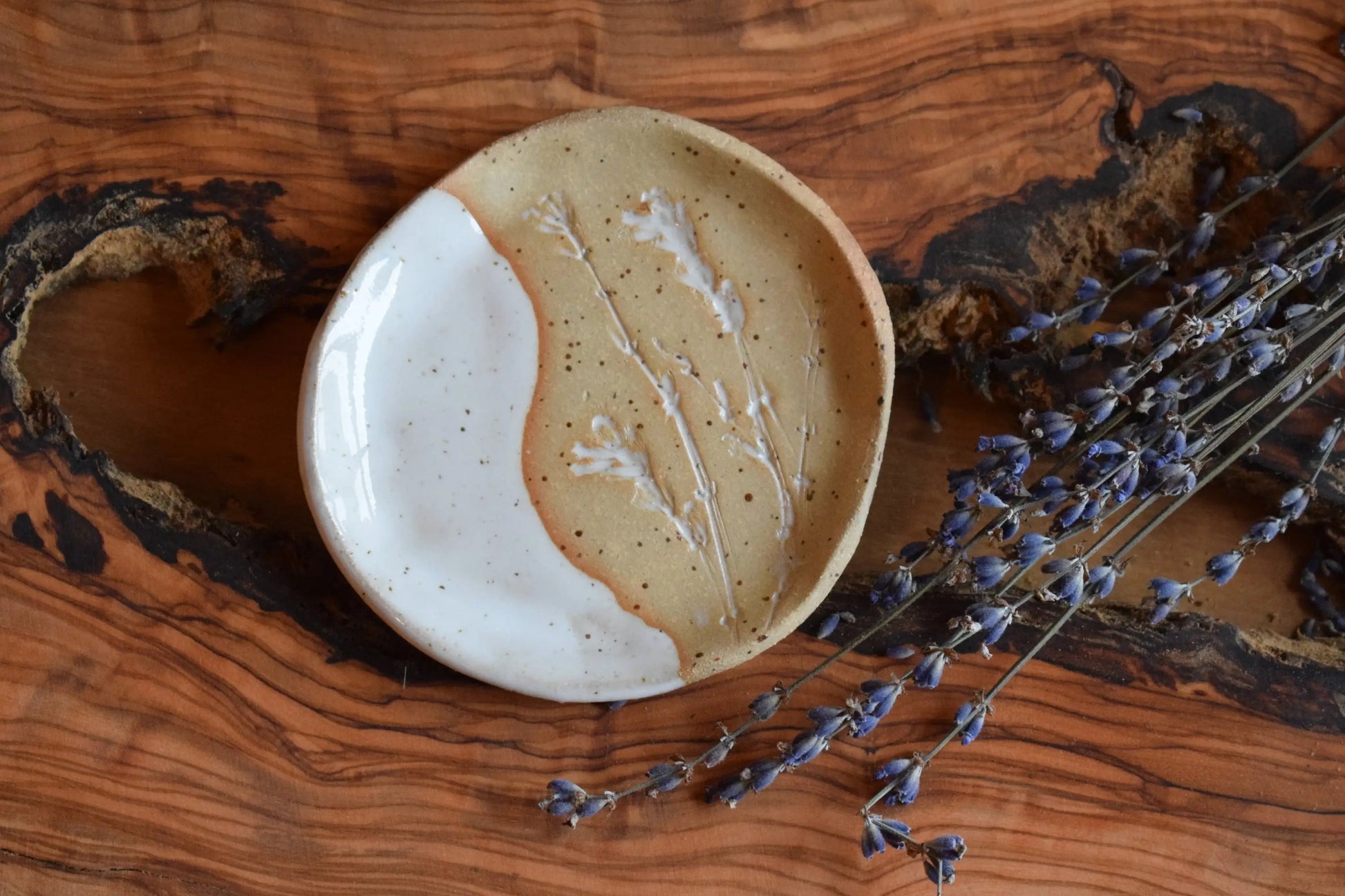Handmade Ceramic Soap Dish HARVEST with Hand-pressed Flower Blossoms