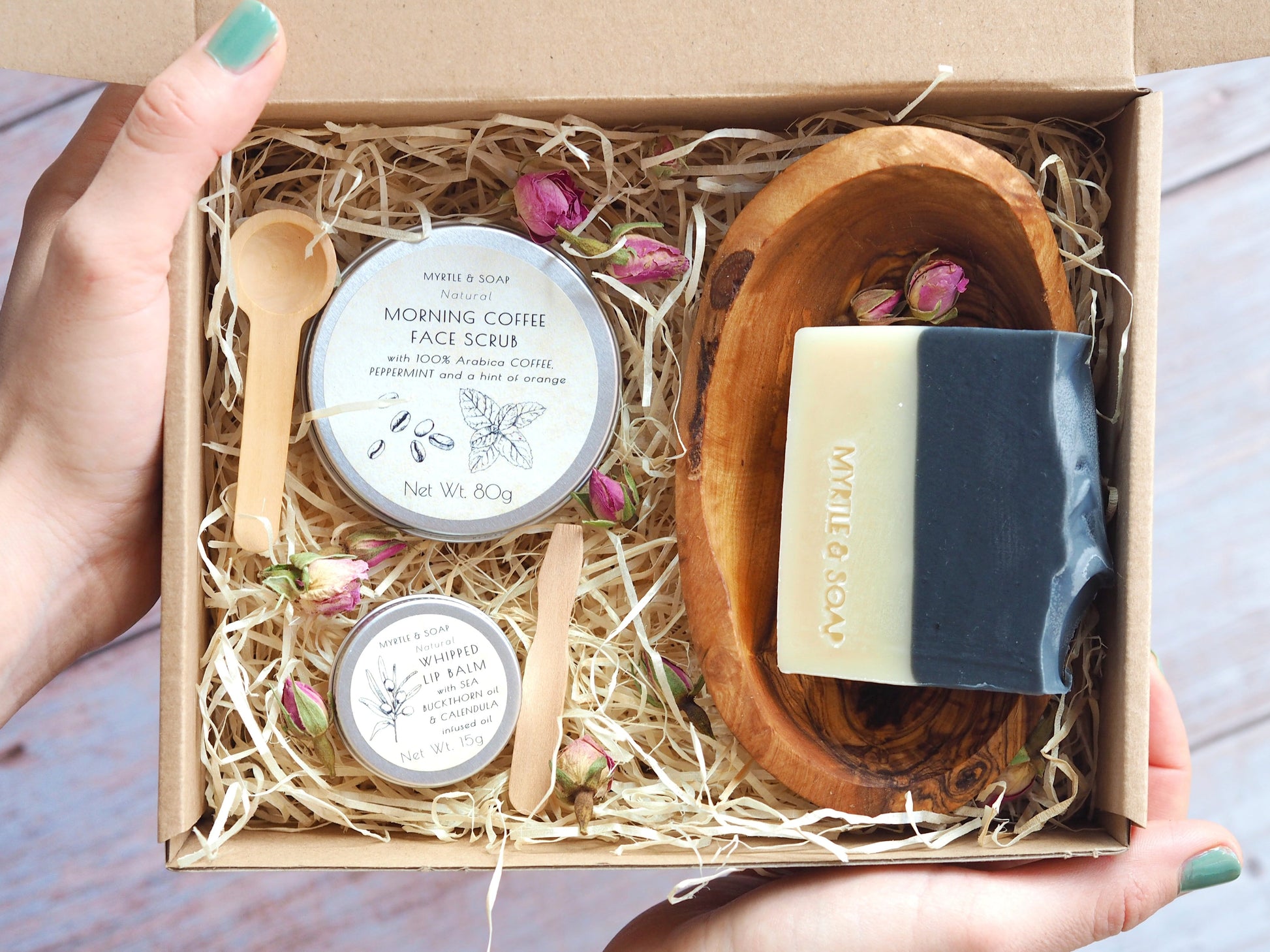 Myrtle MyBox Gratitude with natural soap, face scrub, lip balm and olive wood soap dish