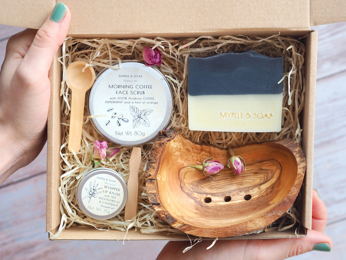 Myrtle MyBox Gratitude with natural soap, face scrub, lip balm and olive wood soap dish