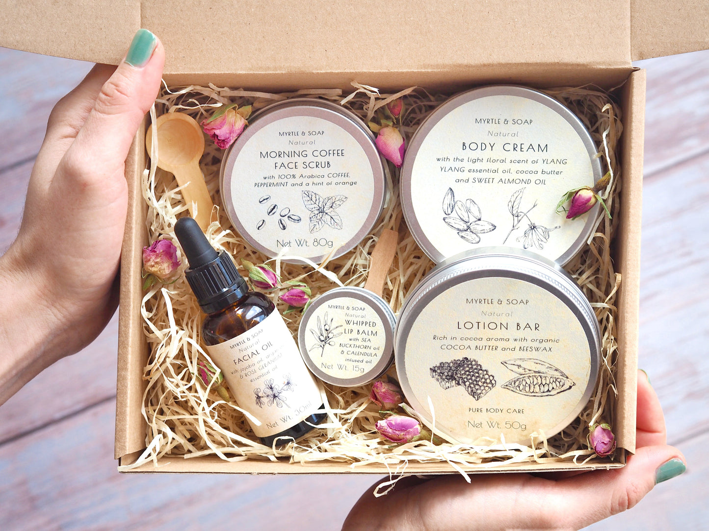 Myrtle MyBox Wellness Skincare Set with lotion bar, body cream, facial oil, lip balm and face scrub