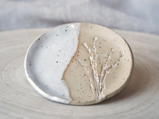 Handmade Ceramic Soap Dish HARVEST with Hand-pressed Flower Blossoms