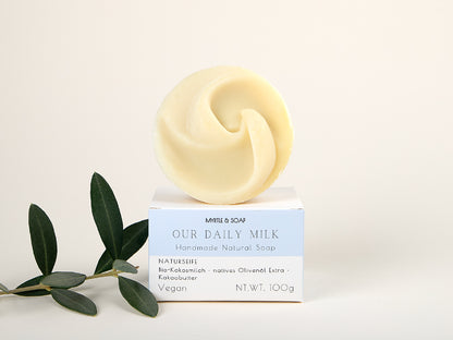Our Daily Milk natural soap for sensitive skin with coconut milk and extra virgin olive oil.