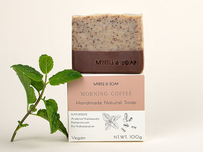 Handmade Morning Coffee natural soap with peppermint and ground coffee for exfoliation. Vegan and packaged in an eco-friendly paper bag. Handgemachte Naturseife mir Pfefferminzöl und gemahlenem Kaffee. 