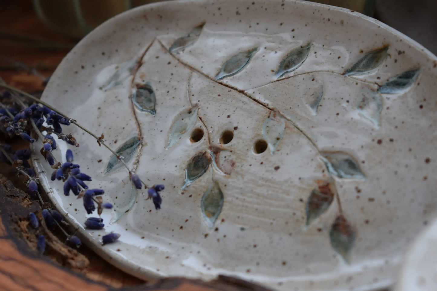 Handmade Ceramic Soap Dish MEADOW, handmade with attention to detail, featuring hand-pressed flower blossoms