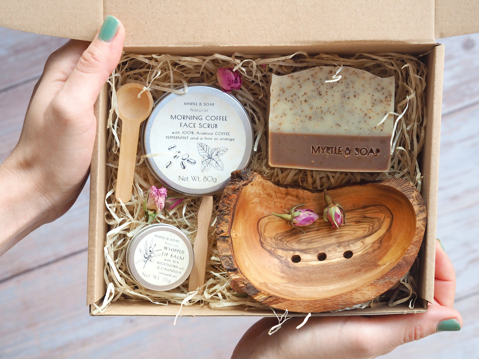 Myrtle MyBox Gratitude with natural soap, face scrub, lip balm and olive wood soap dish
