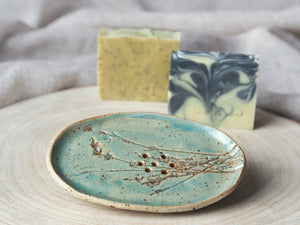 Handmade ceramic soap dish LAVENDER with hand-pressed blossoms