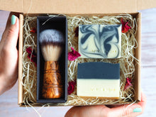 Load image into Gallery viewer, Myrtle MyBox FOR HIM with olive wood shaving brush, Night &amp; Day natural soap and Deep Dusk natural soap