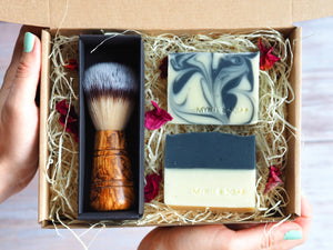 Myrtle MyBox FOR HIM with olive wood shaving brush, Night & Day natural soap and Deep Dusk natural soap