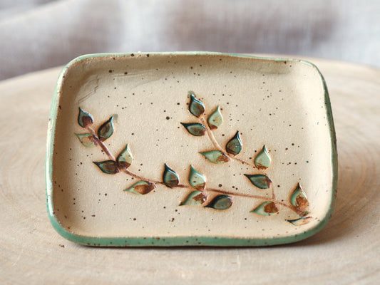 Handmade Ceramic Soap Dish with Hand-Pressed Leaves