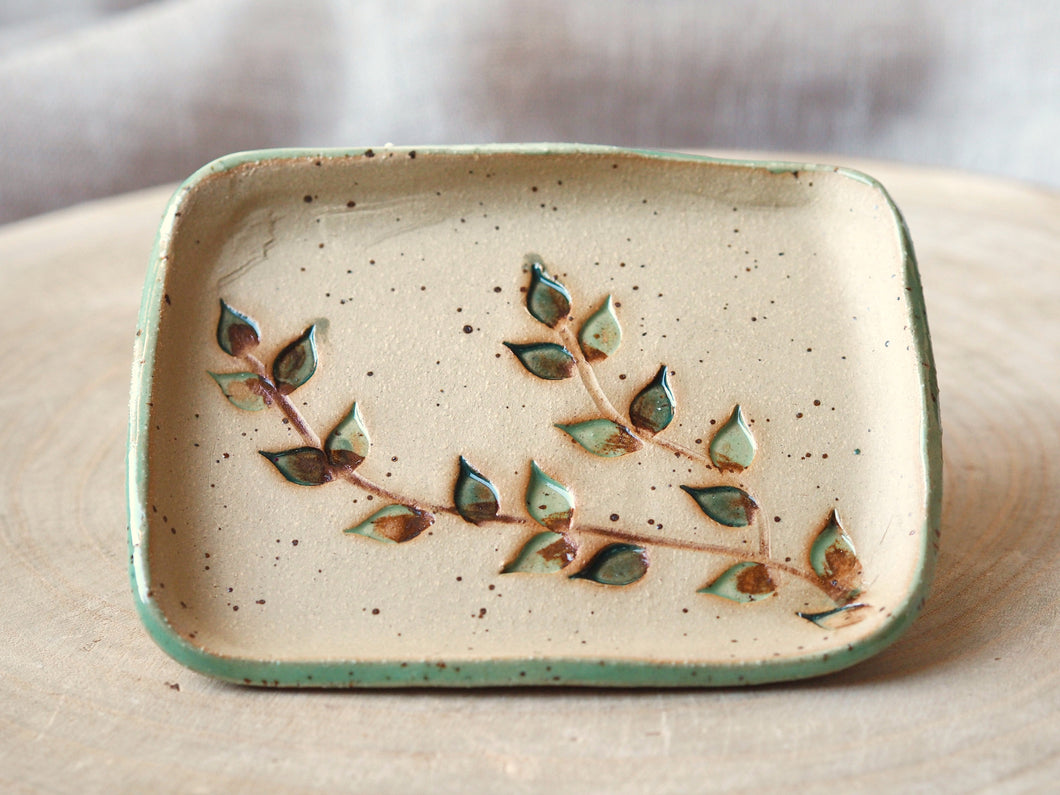 Handmade ceramic soap dish FOREST with hand-pressed leaves